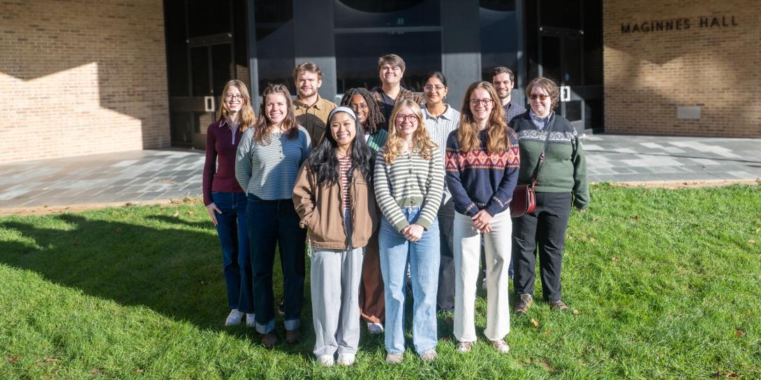 Lehigh University graduate ambassadors standing in front of Maginnes Hall.